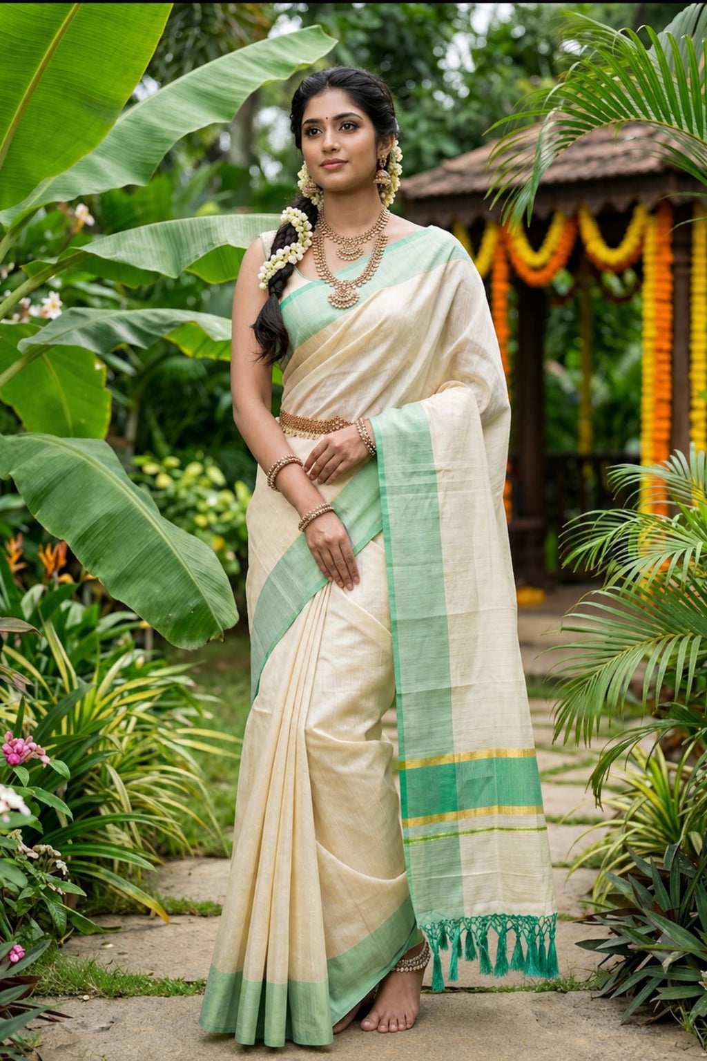 Ivory Cotton Kasavu Saree with Sea Green Zari Border
