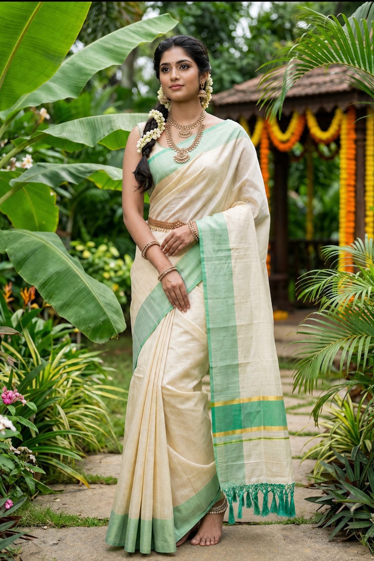 Ivory Cotton Kasavu Saree with Sea Green Zari Border