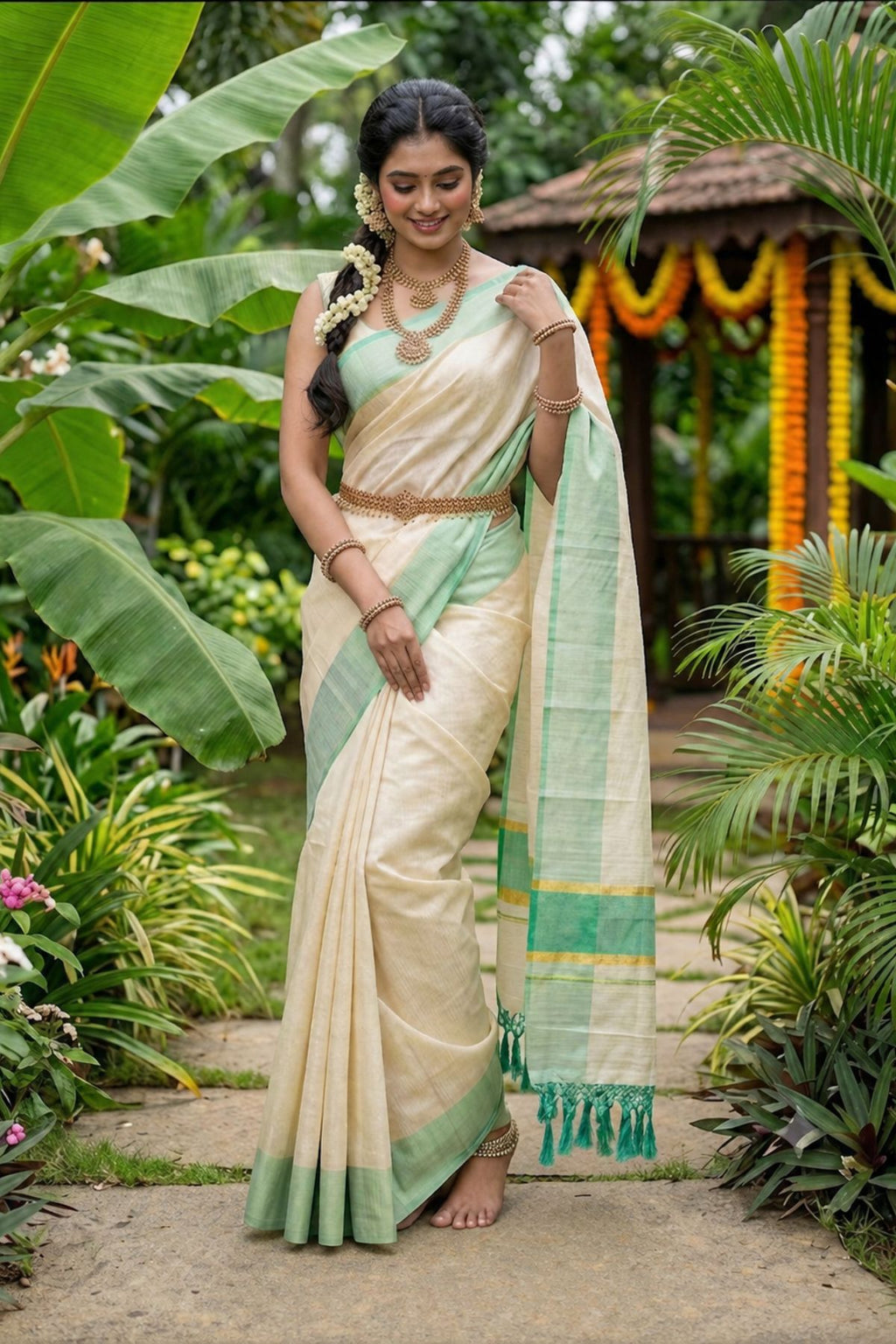 Ivory Cotton Kasavu Saree with Sea Green Zari Border