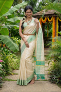 Ivory Cotton Kasavu Saree with Sea Green Zari Border
