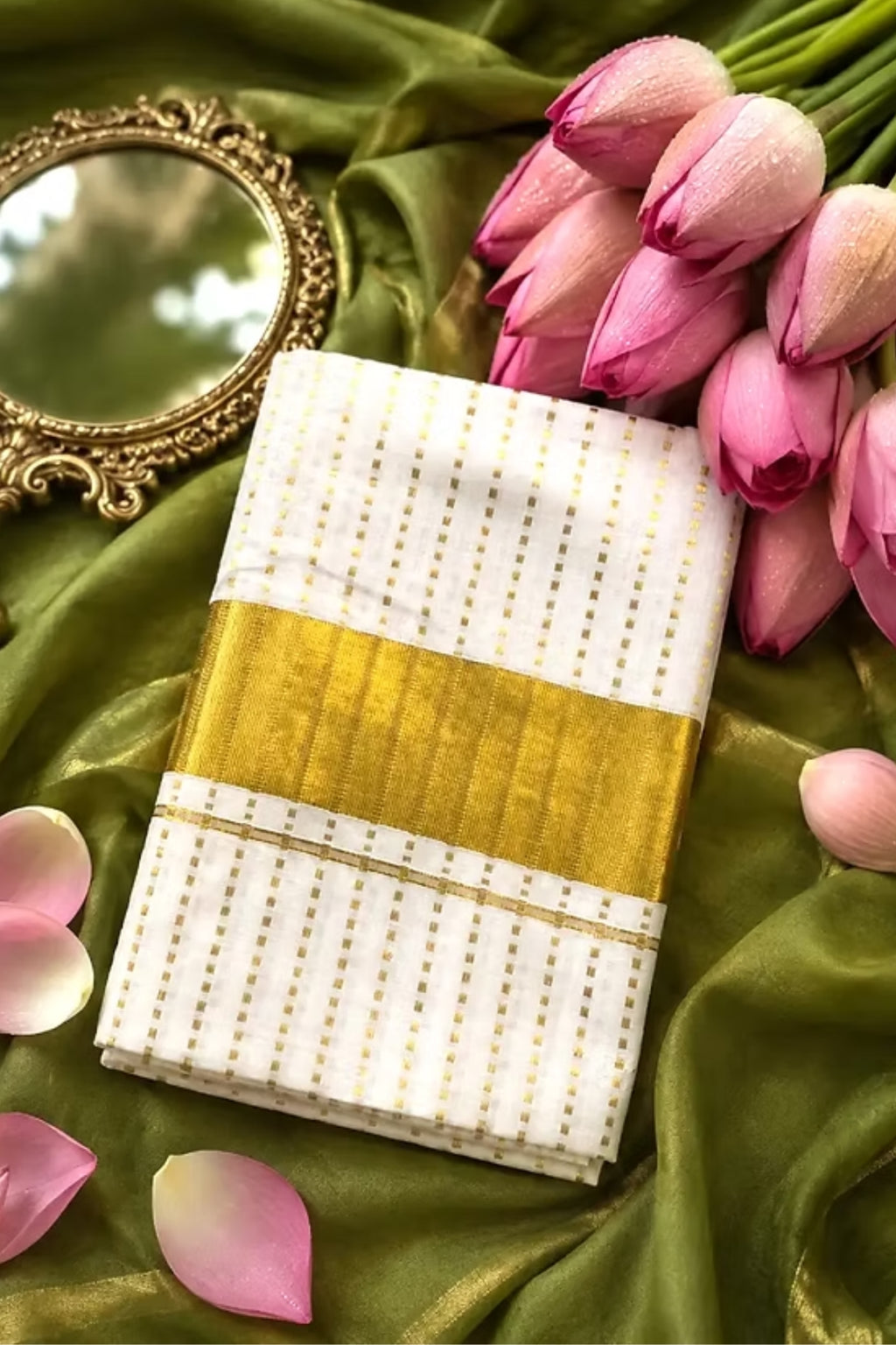A folded white saree with a wide metallic gold band and small gold dotted patterns, styled on an olive green satin fabric with pink tulips and a decorative mirror.