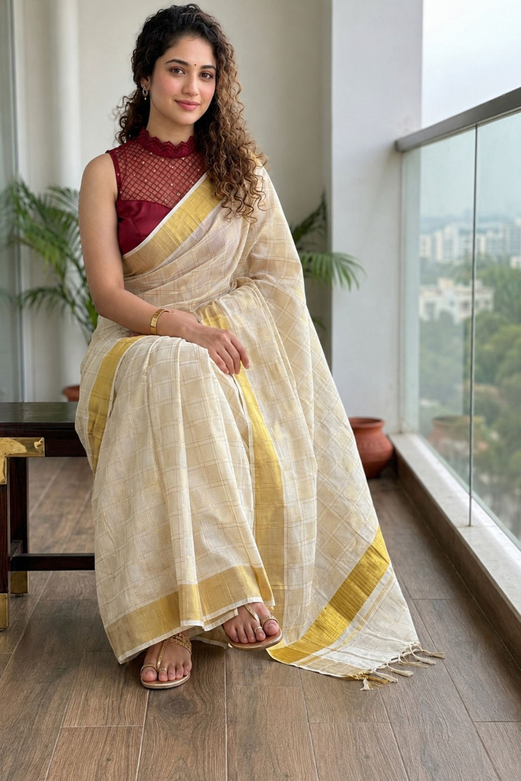 Kerala Kasavu Saree with Checkered Weave & Gold Zari Border