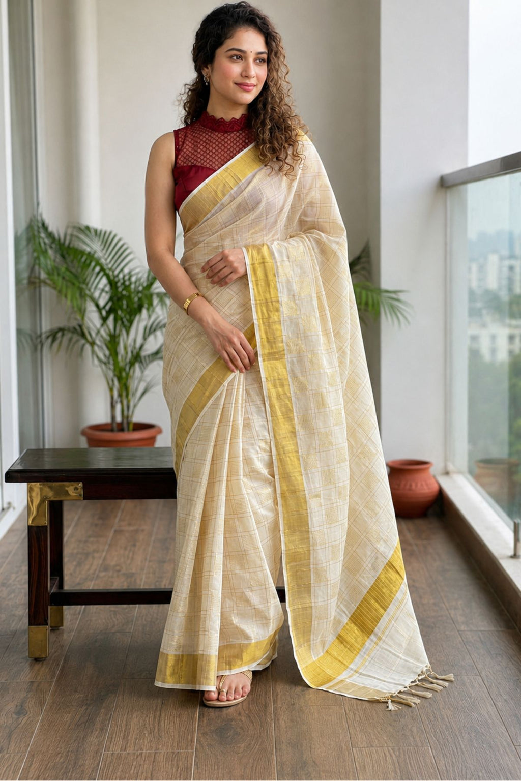 Kerala Kasavu Saree with Checkered Weave & Gold Zari Border