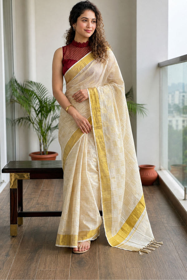 Kerala Kasavu Saree with Checkered Weave & Gold Zari Border