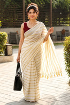 Off-White Gold Zari Striped Cotton Silk Saree with Tassel Border