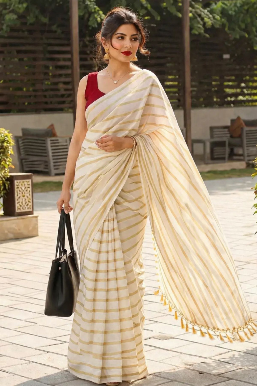Off-White Gold Zari Striped Cotton Silk Saree with Tassel Border