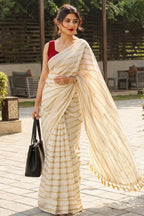 Off-White Gold Zari Striped Cotton Silk Saree with Tassel Border