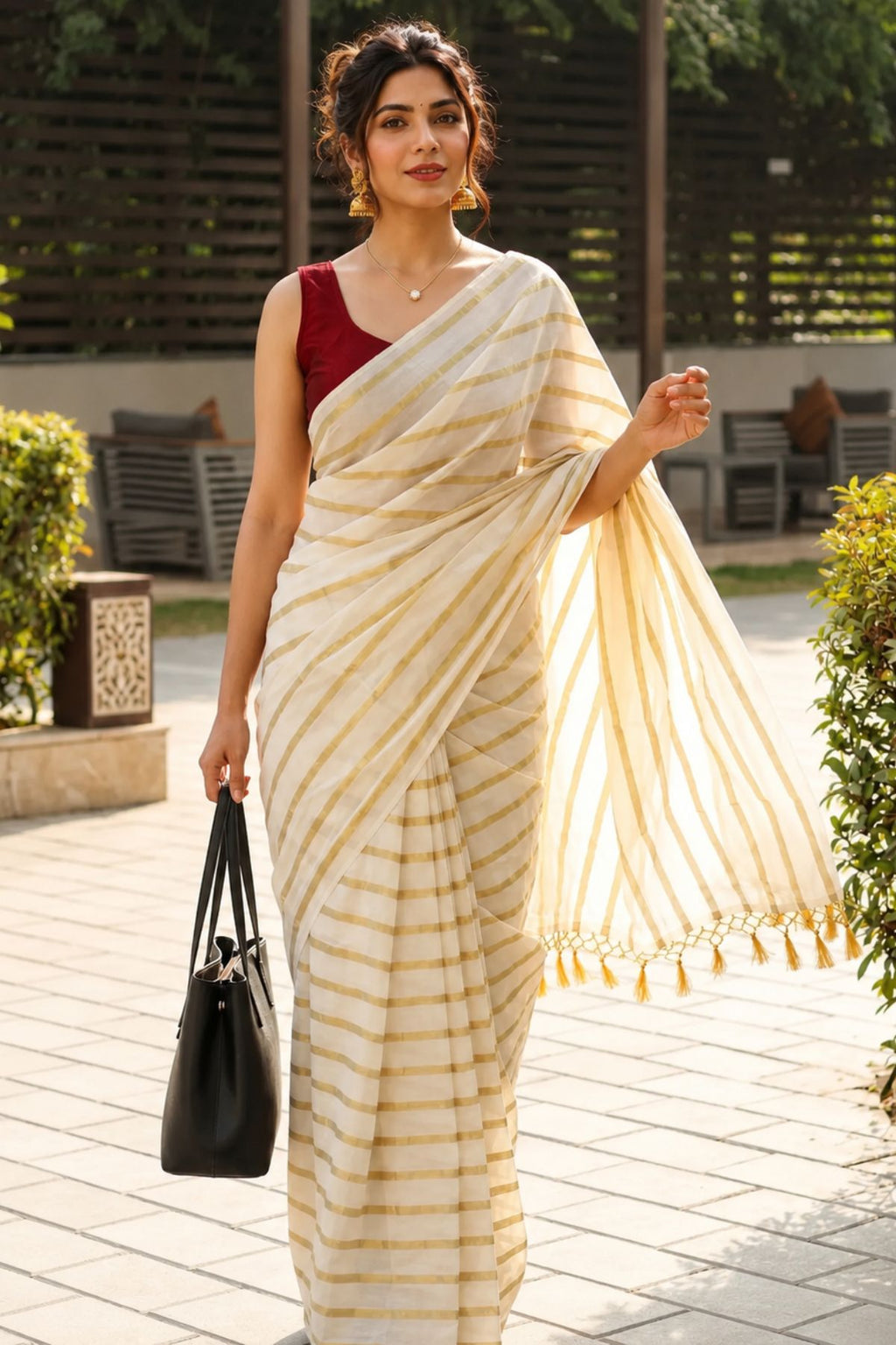 Off-White Gold Zari Striped Cotton Silk Saree with Tassel Border