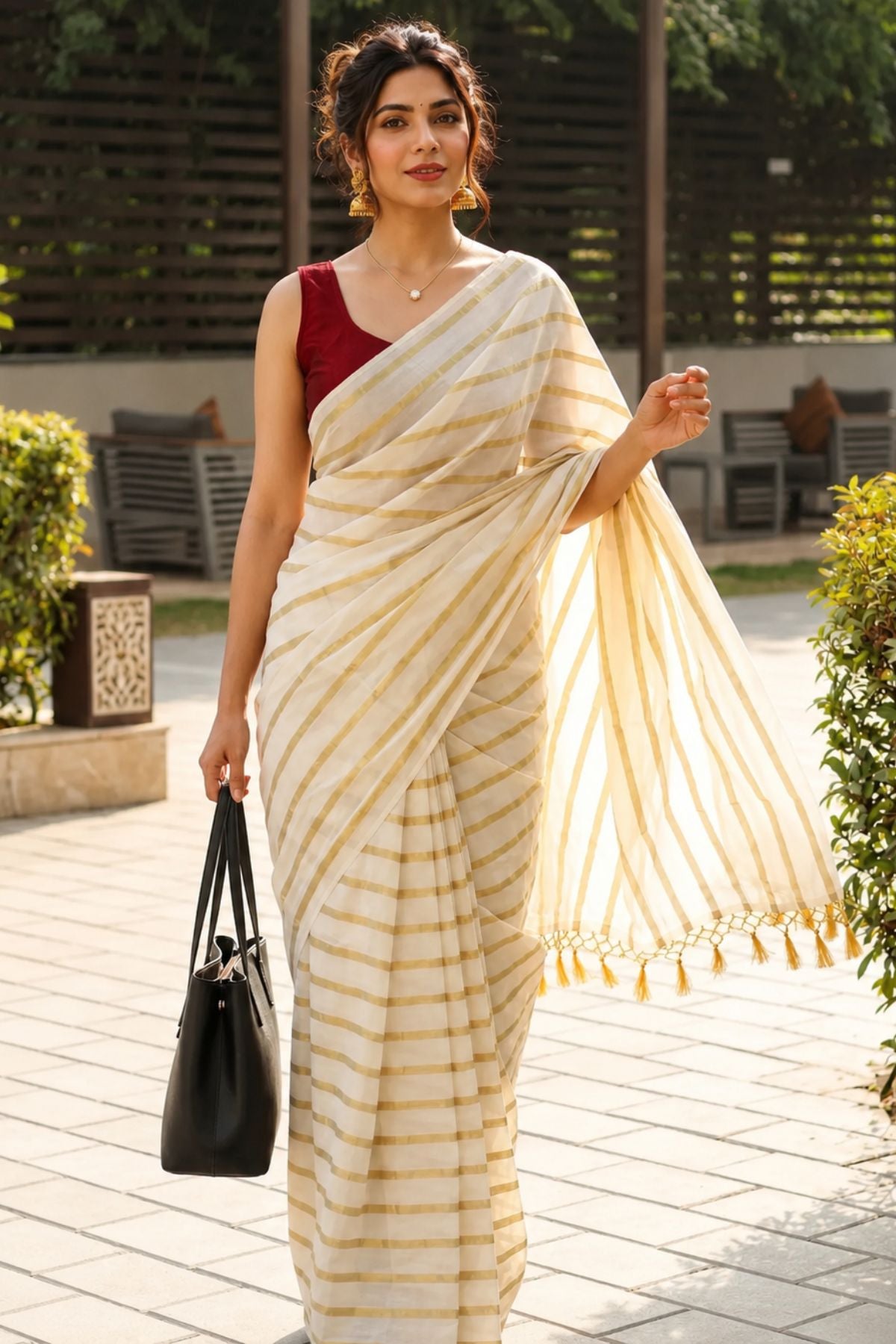 Off-White Gold Zari Striped Cotton Silk Saree with Tassel Border