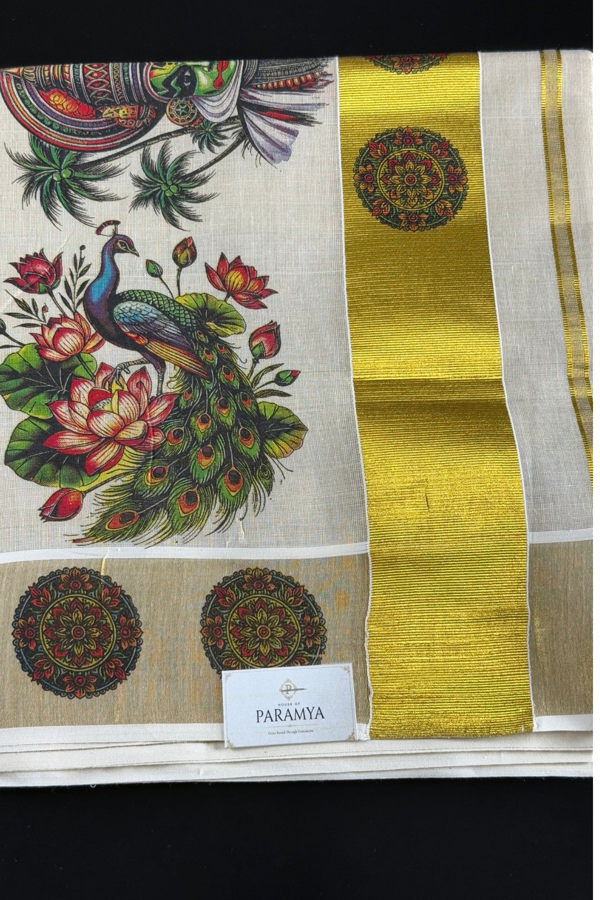 Ivory Pure Tissue Cotton Kasavu Saree with Kerala Mural Print
