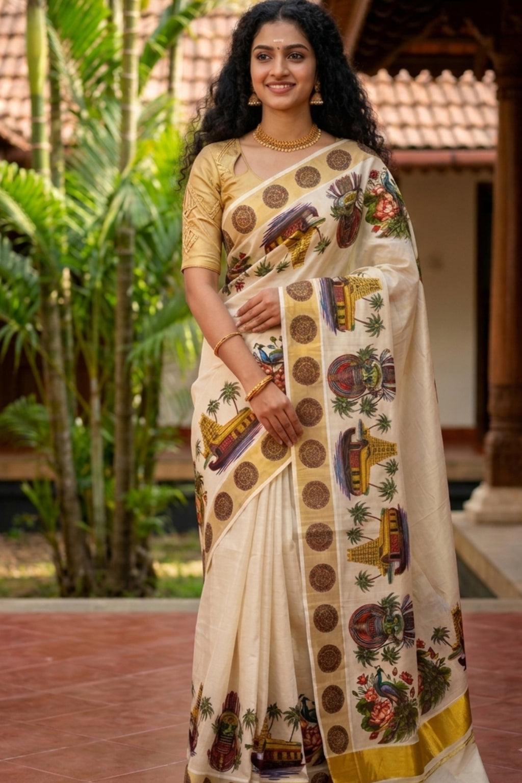Ivory Pure Tissue Cotton Kasavu Saree with Kerala Mural Print