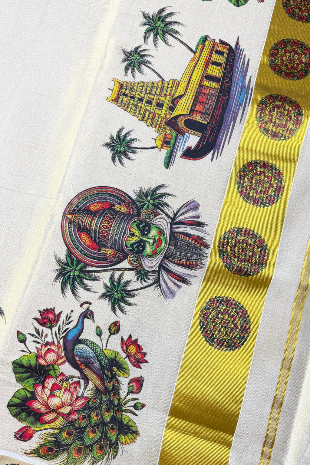 Ivory Pure Tissue Cotton Kasavu Saree with Kerala Mural Print