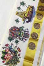 Ivory Pure Tissue Cotton Kasavu Saree with Kerala Mural Print