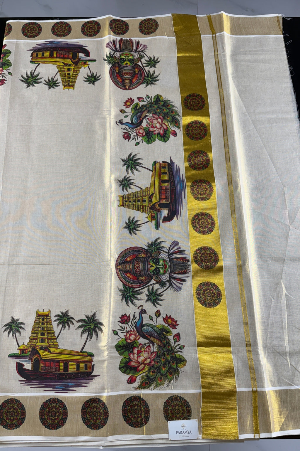 Ivory Pure Tissue Cotton Kasavu Saree with Kerala Mural Print
