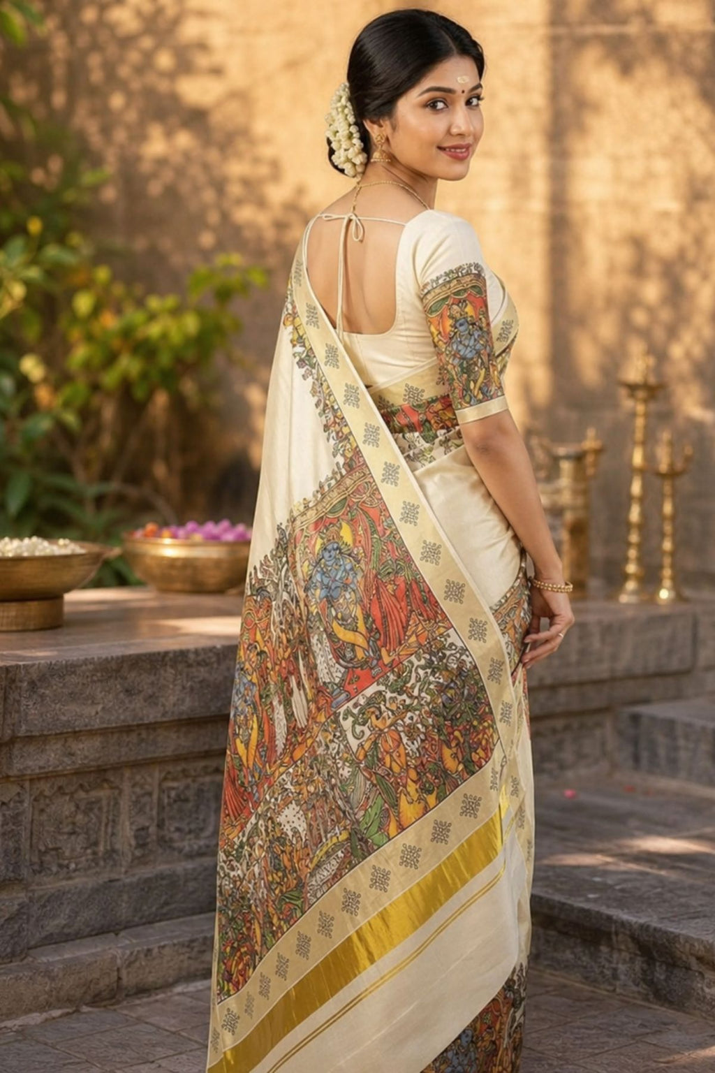 Seetha Kalyanam Mural Kasavu Tissue Saree in Cream & Gold
