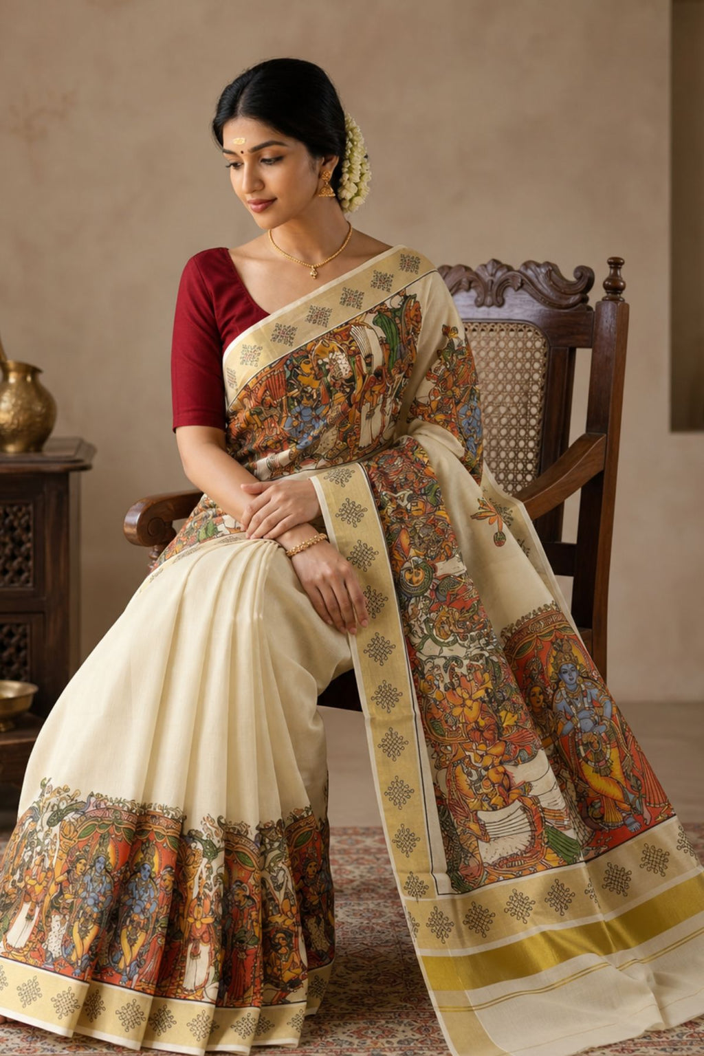 Seetha Kalyanam Mural Kasavu Tissue Saree in Cream & Gold
