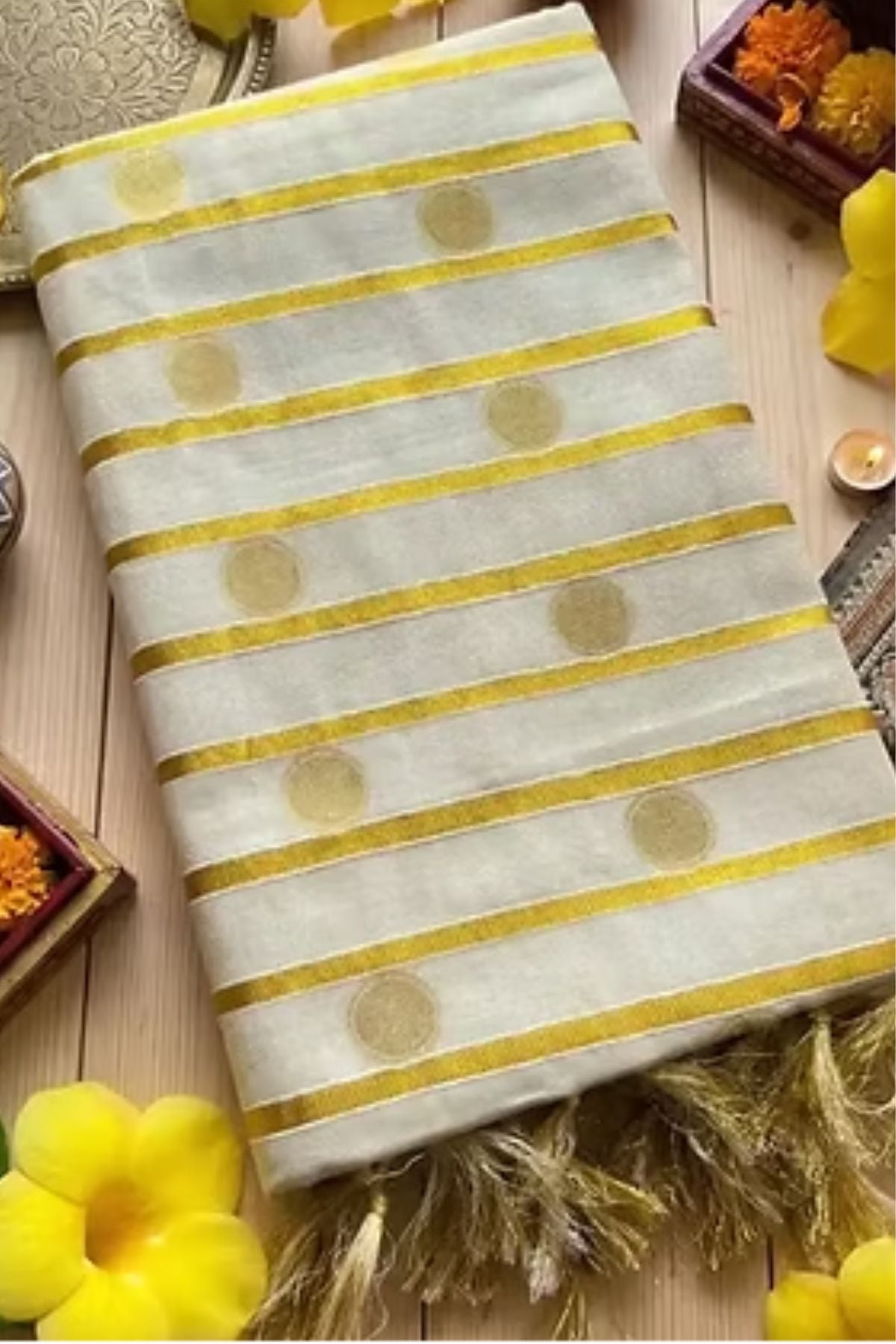 Off-White Temple Border Tissue Kasavu Saree with Golden Polka Design