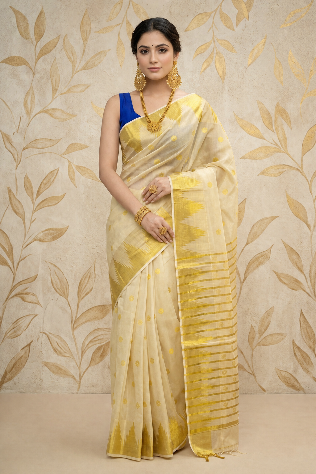 Off-White Temple Border Tissue Kasavu Saree with Golden Polka Design