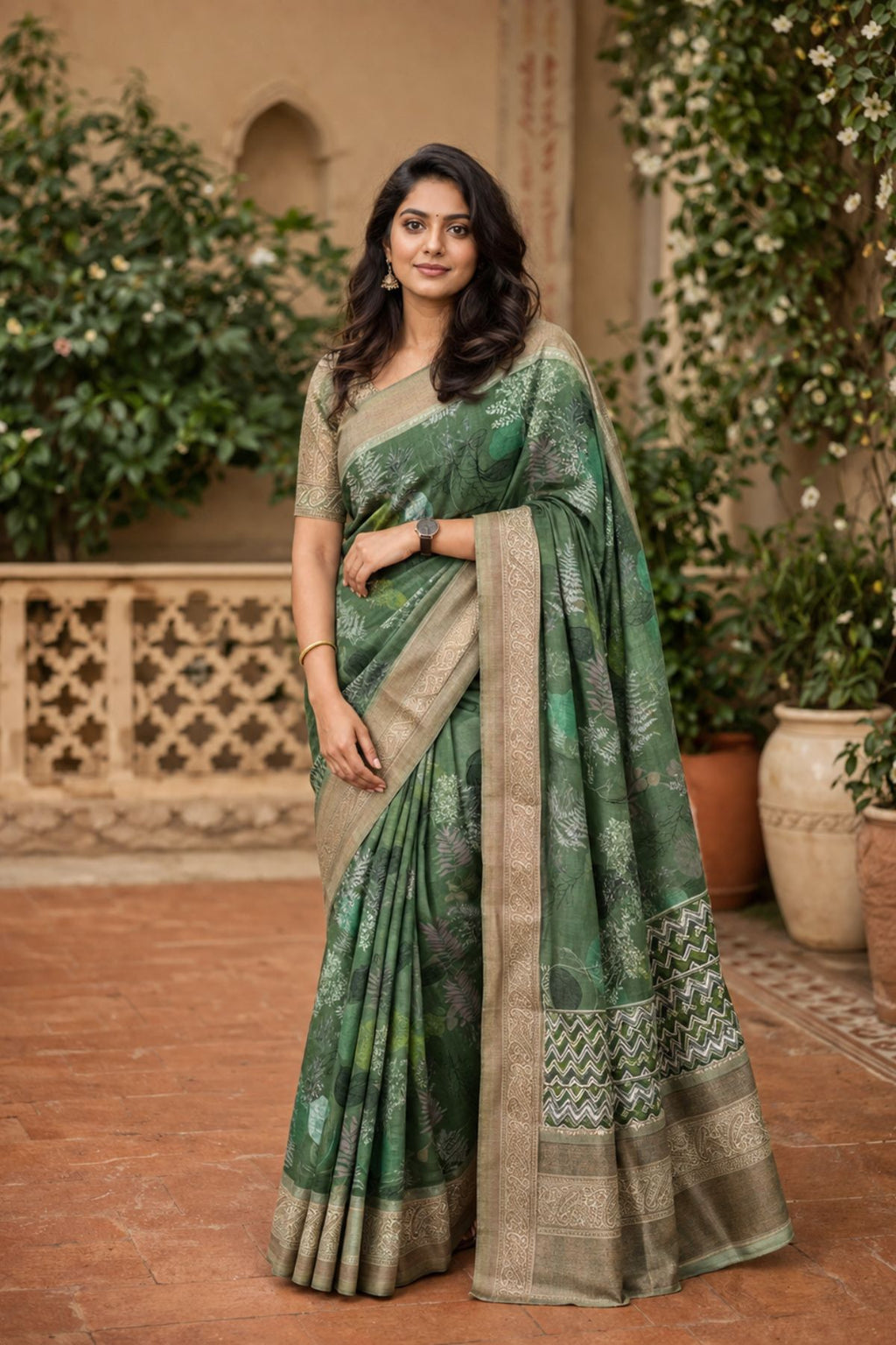 Sage Green Botanical Print Saree with Paisley Border