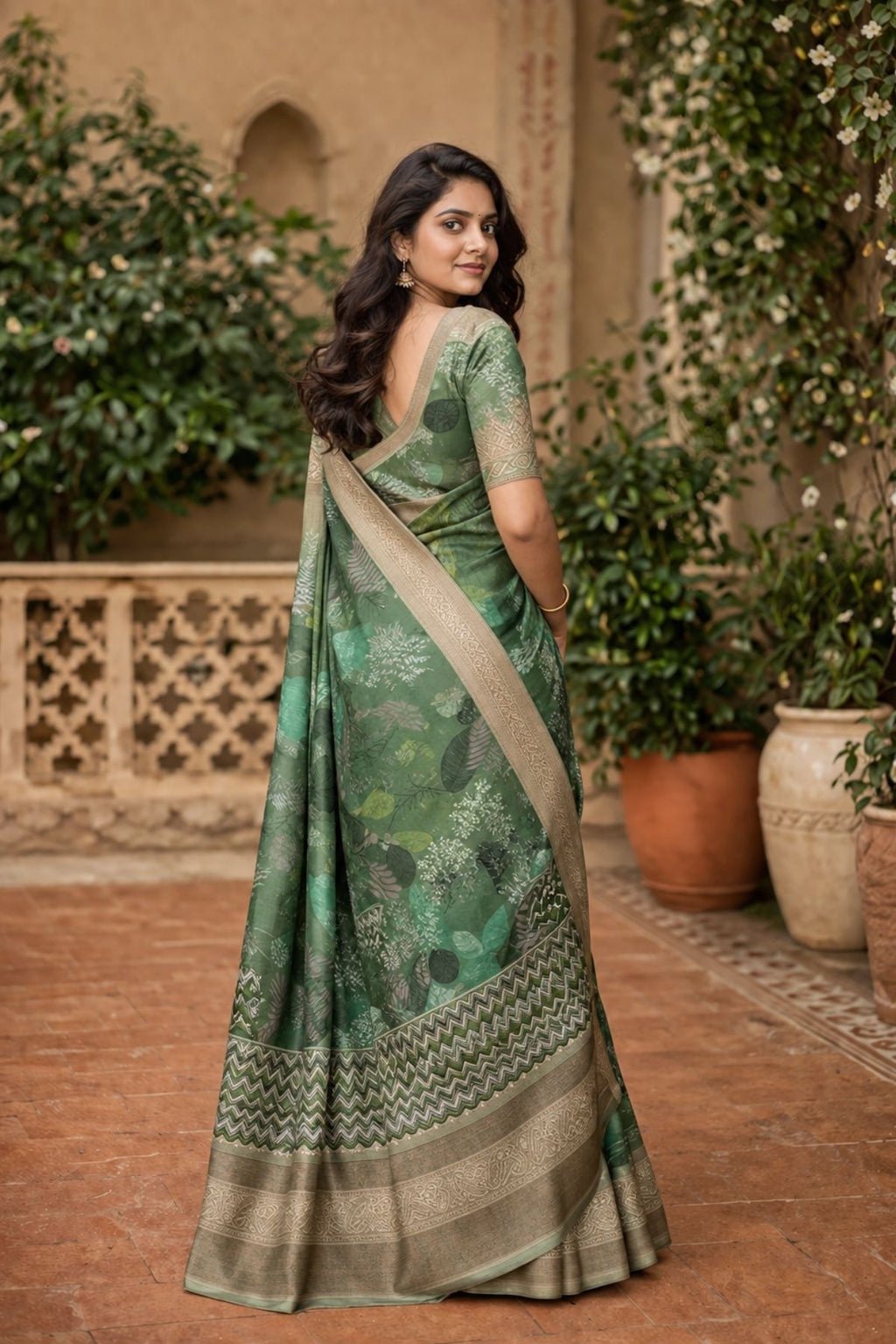 Sage Green Botanical Print Saree with Paisley Border