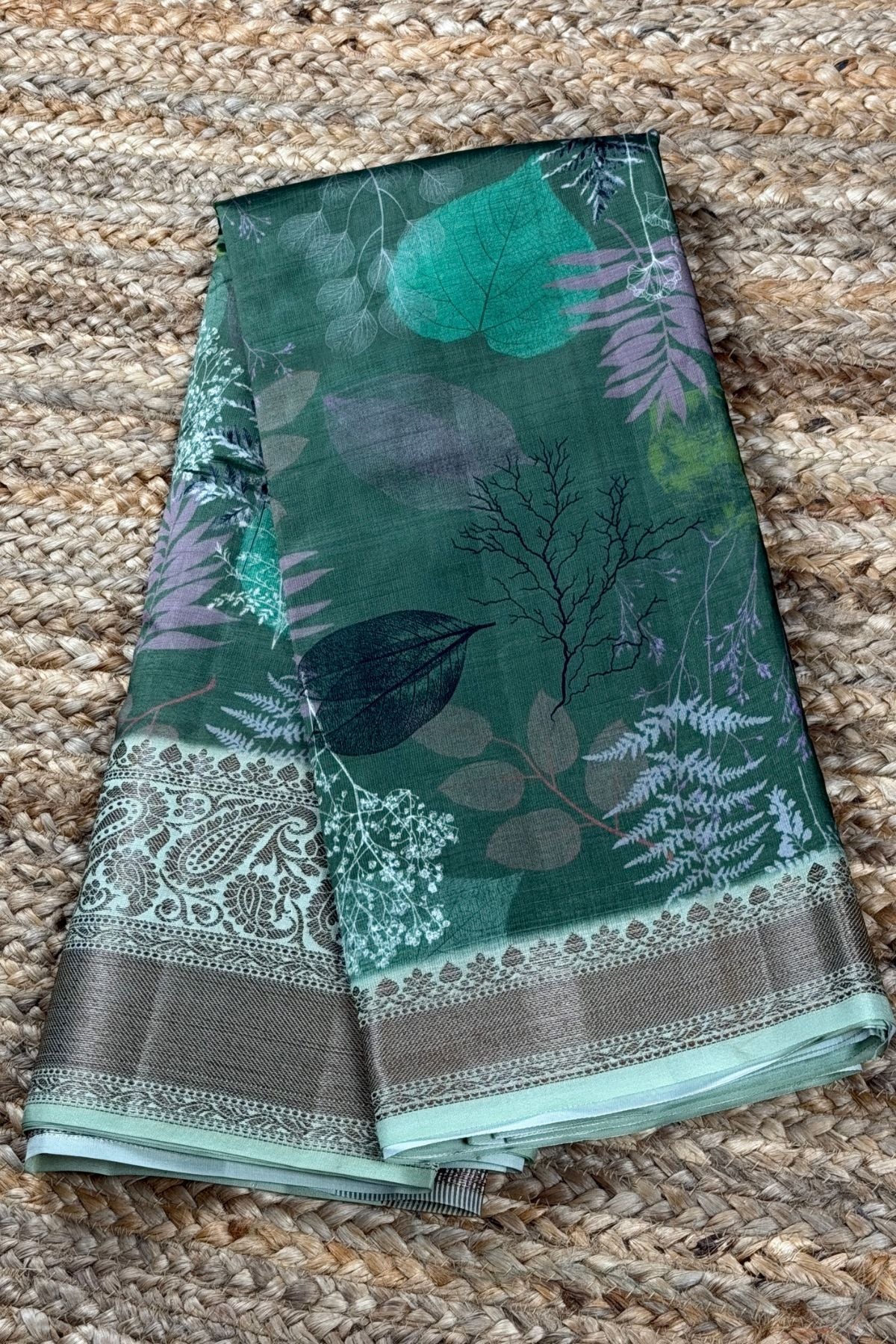 Sage Green Botanical Print Saree with Paisley Border