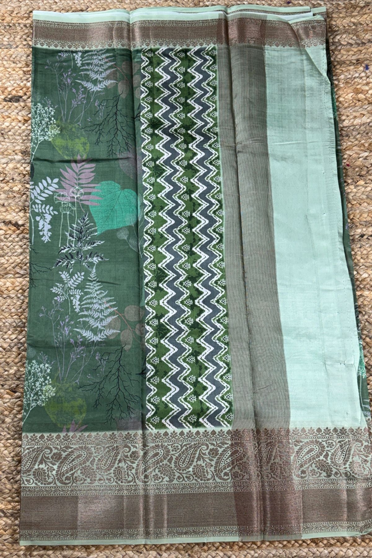 Sage Green Botanical Print Saree with Paisley Border