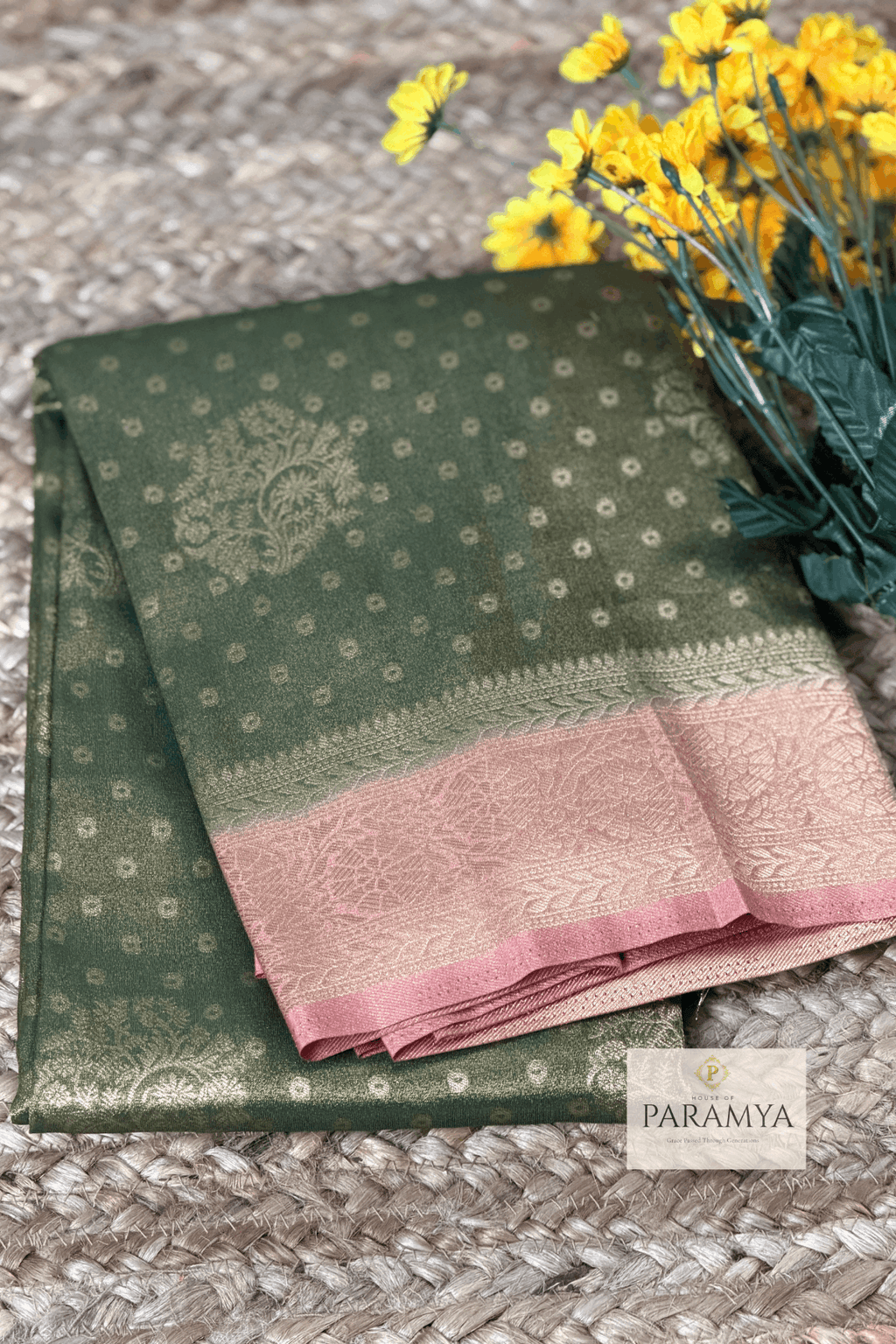 Olive Green and Peach Tissue Silk Saree front view — contrast peach pallu with gold zari | House of Paramya