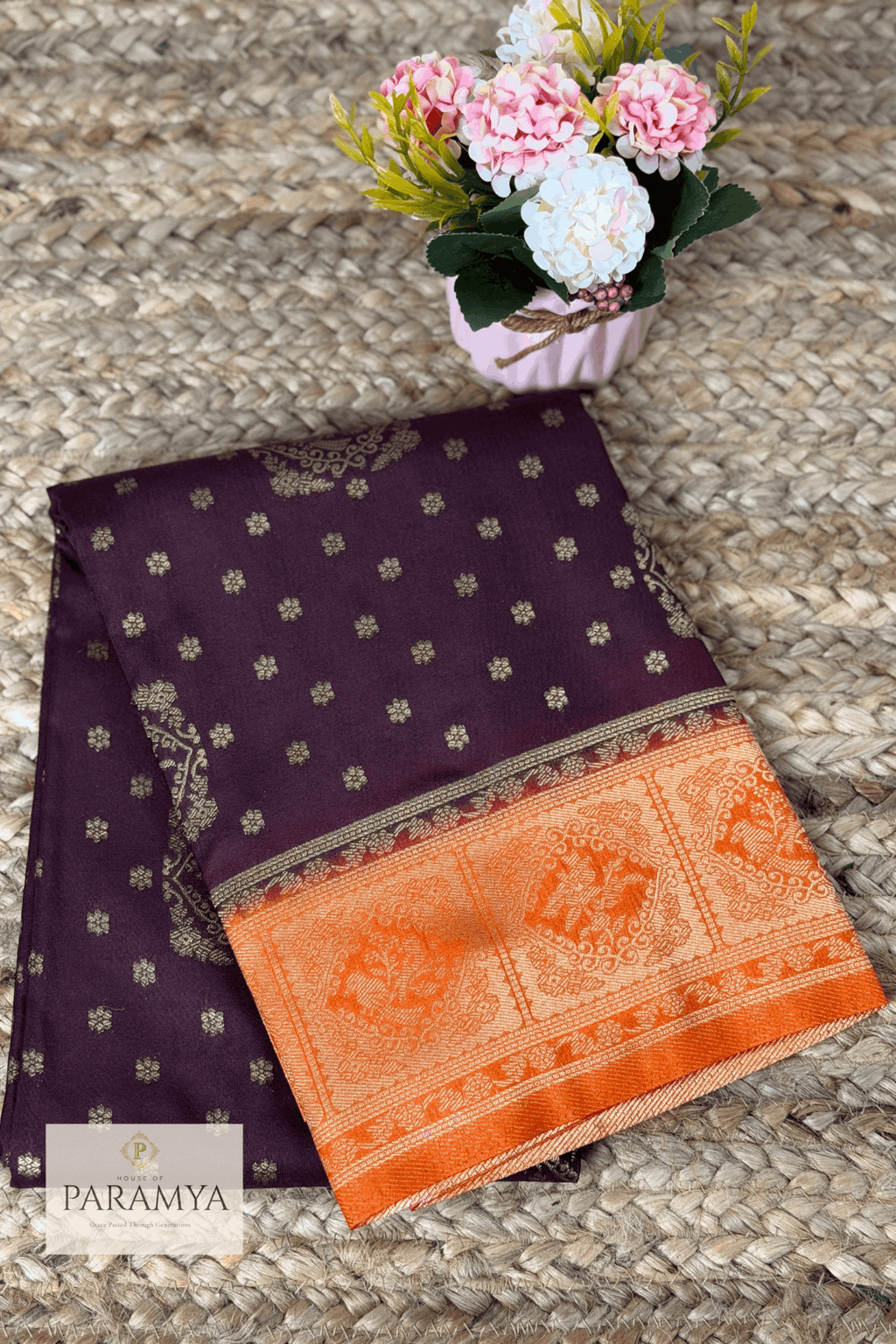 Brown and Rust Orange Tissue Silk Saree front view — contrast rust orange pallu | House of Paramya