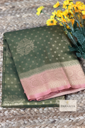 Olive Green Saree with Peach Tissue Saree