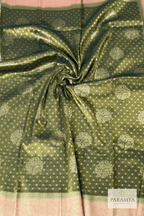 Olive Green Tissue Silk Saree drape view — peach tissue body with shimmer finish | House of Paramya
