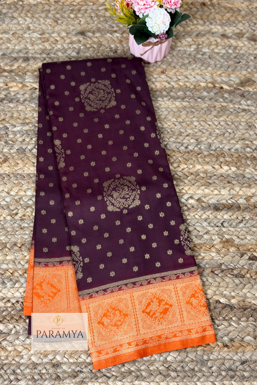 Brown Saree with Rust Orange Tissue Silk