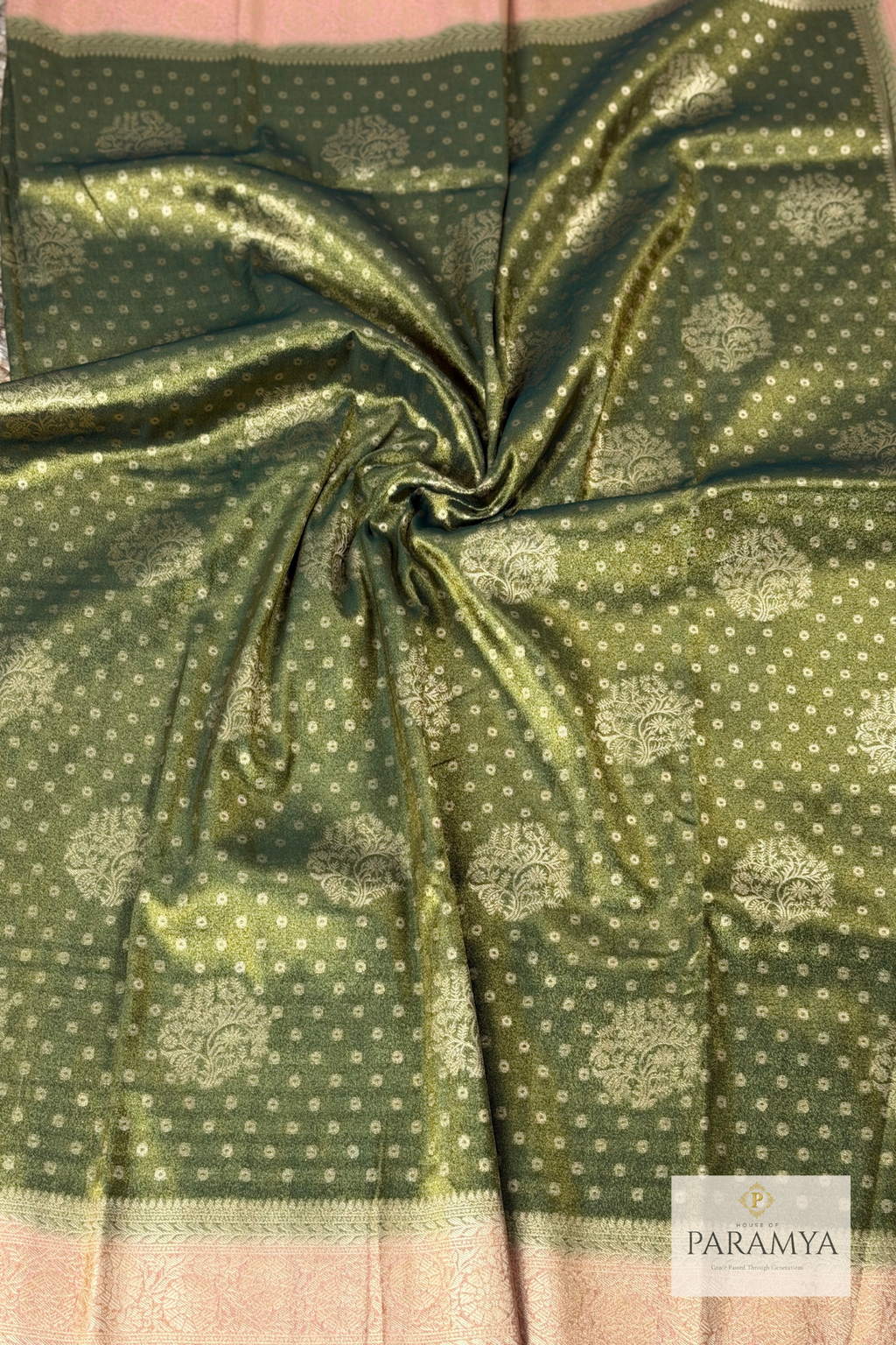 Olive Green Saree with Peach Tissue Saree