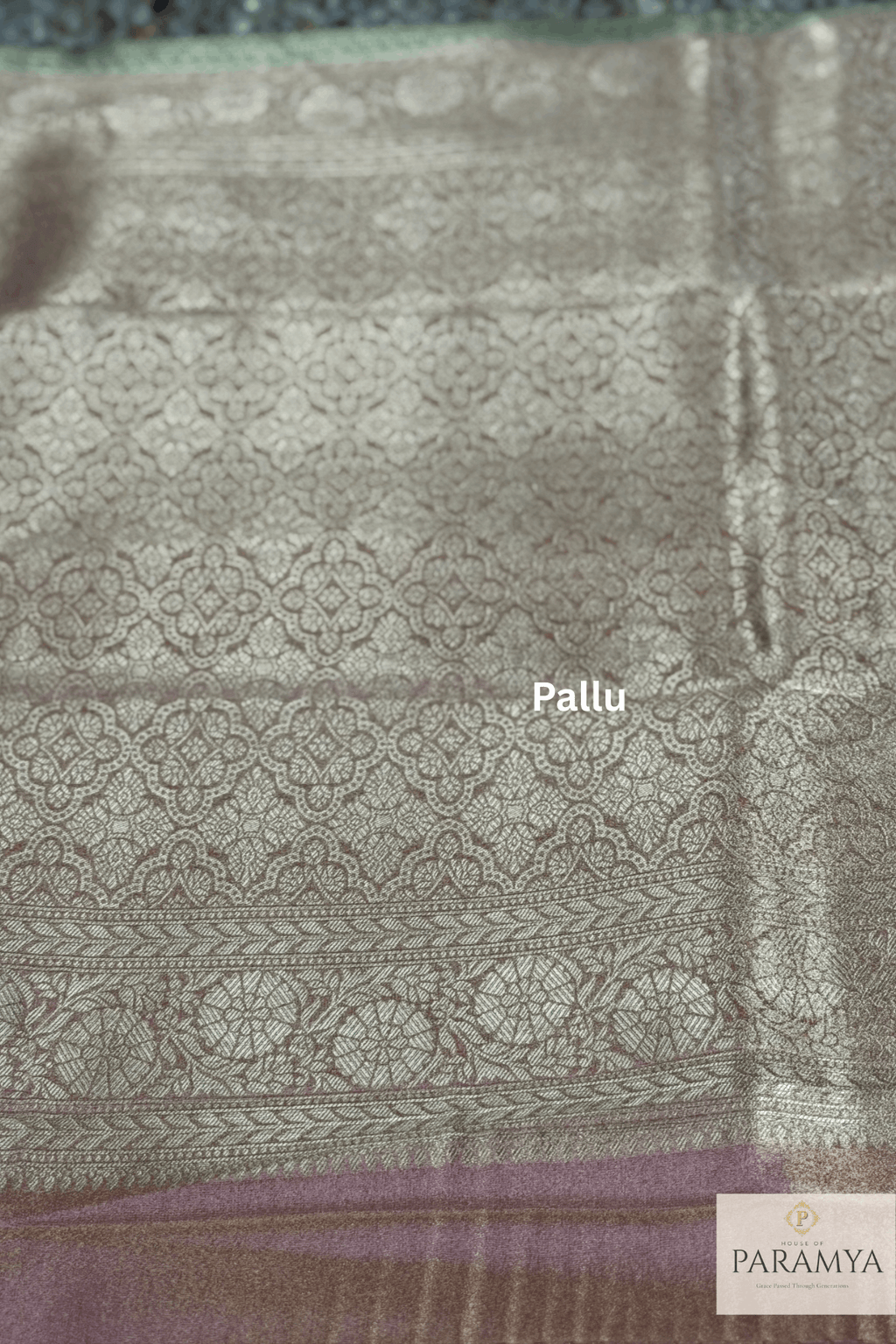 Olive Green Tissue Silk Saree drape view — peach tissue pallu with shimmer finish | House of Paramya