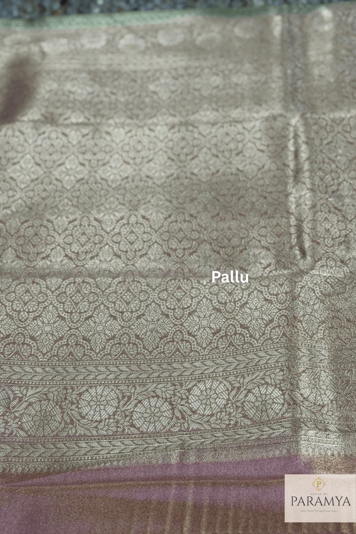 Olive Green Tissue Silk Saree drape view — peach tissue pallu with shimmer finish | House of Paramya