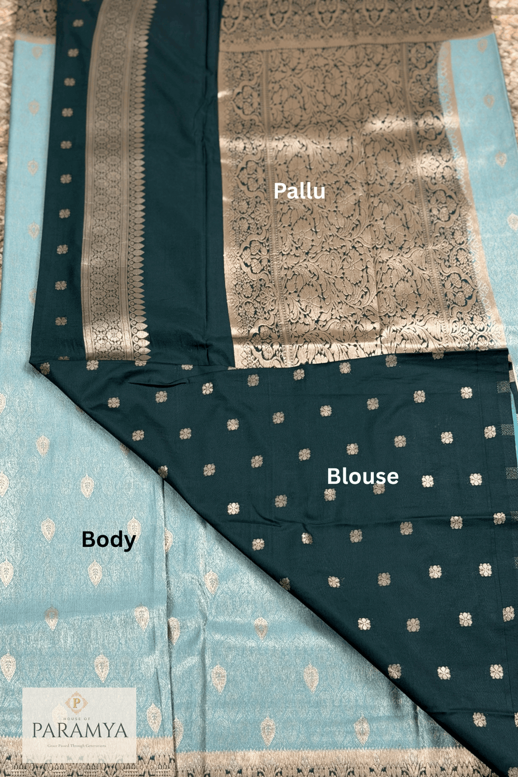 Lux Green Saree blouse view— gold zari border and contrast pallu detail | House of Paramya