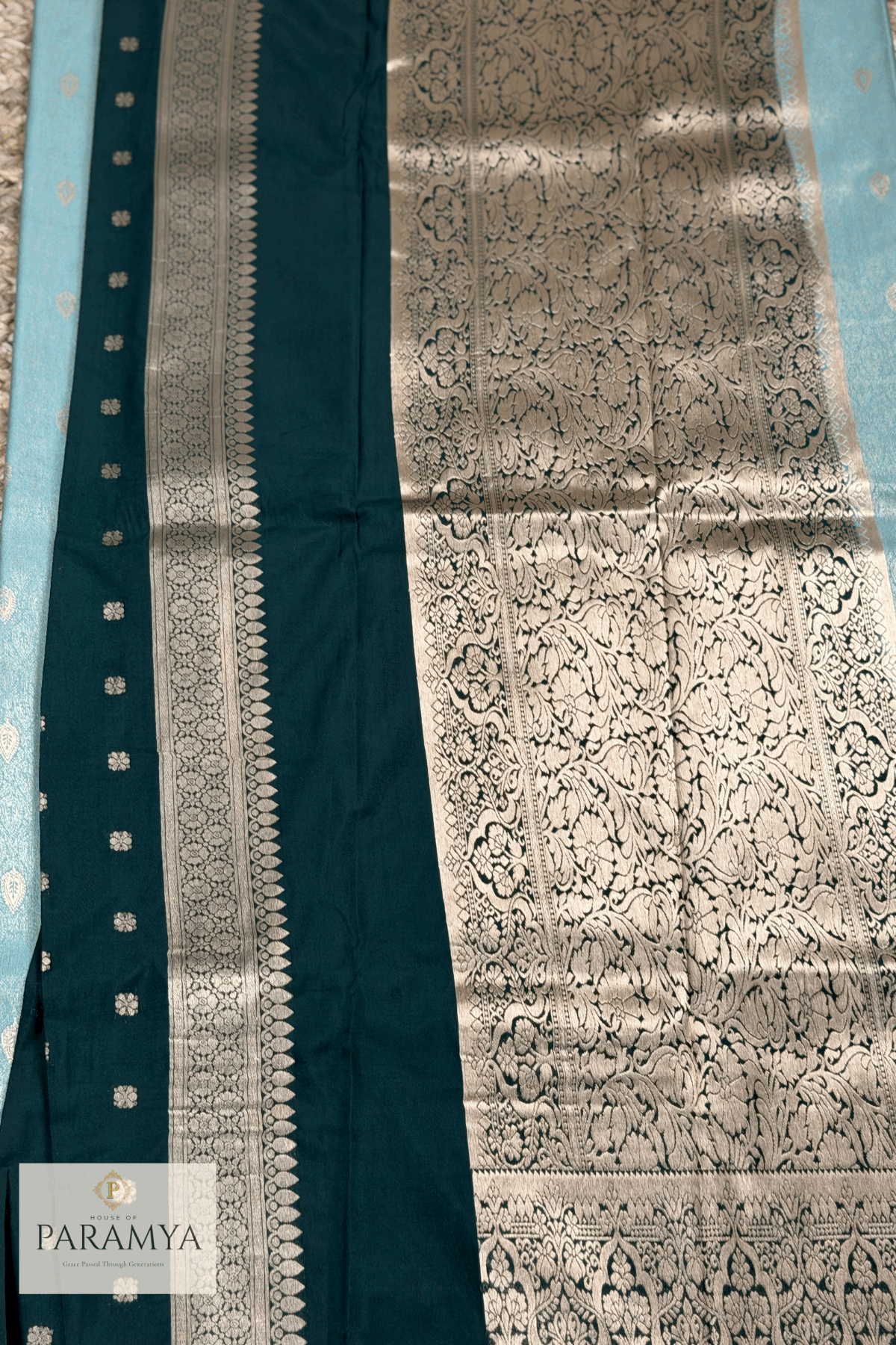Lux Green Saree full pallu— lightweight silk with dark green contrast border | House of Paramya