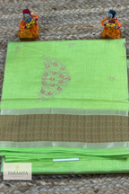 Pastel Green Soft Silk Saree with Antique Zari Floral Butta & Designer Border