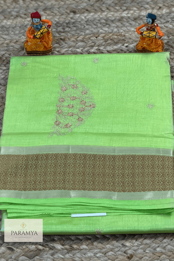Pastel Green Soft Silk Saree with Antique Zari Floral Butta & Designer Border - Saree View | House Of Paramya