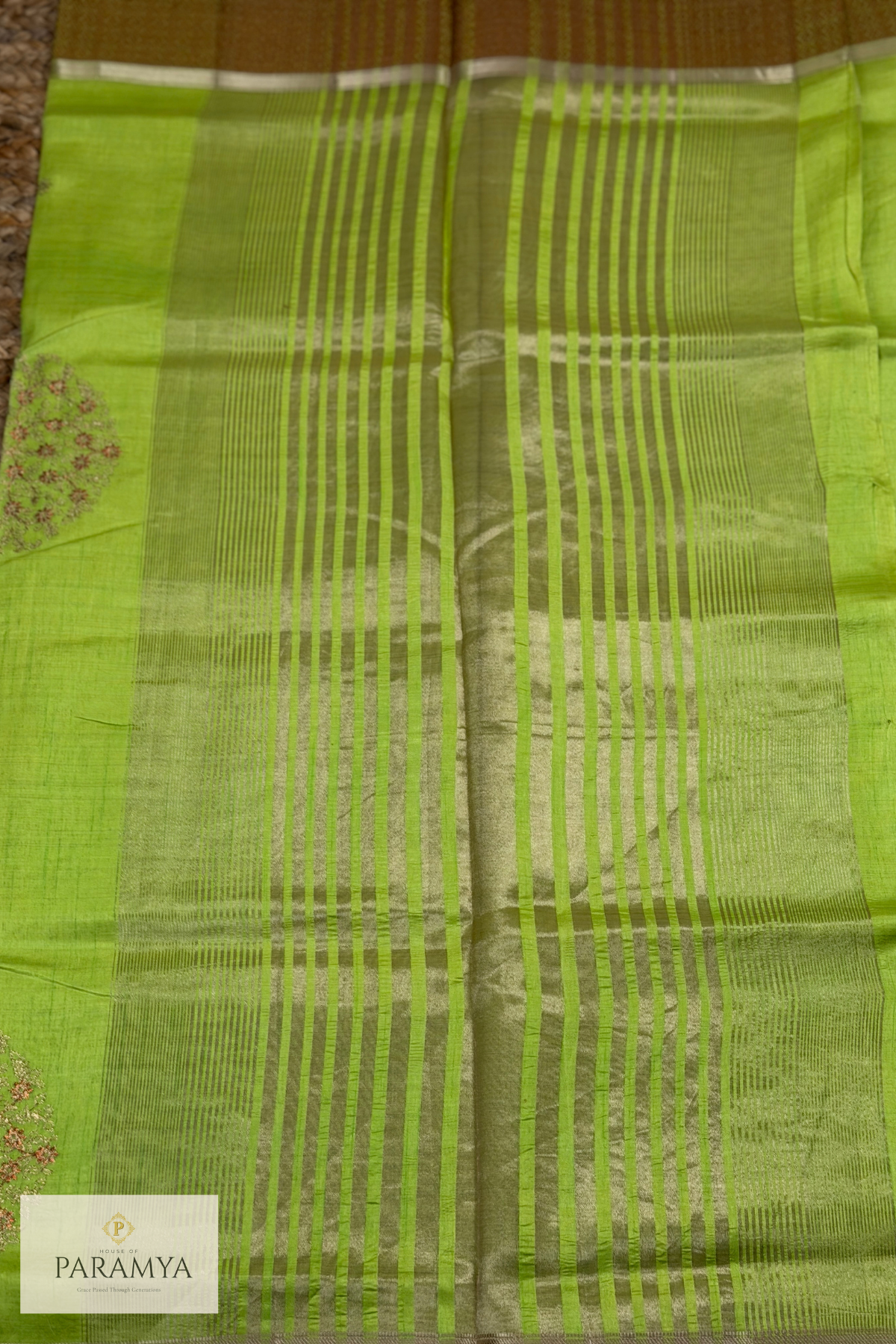 Pastel Green Soft Silk Saree with Antique Zari Floral Butta & Designer Border