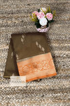 Olive Gold and Orange Tissue Silk Saree front view — contrast orange pallu with zari border | House of Paramya