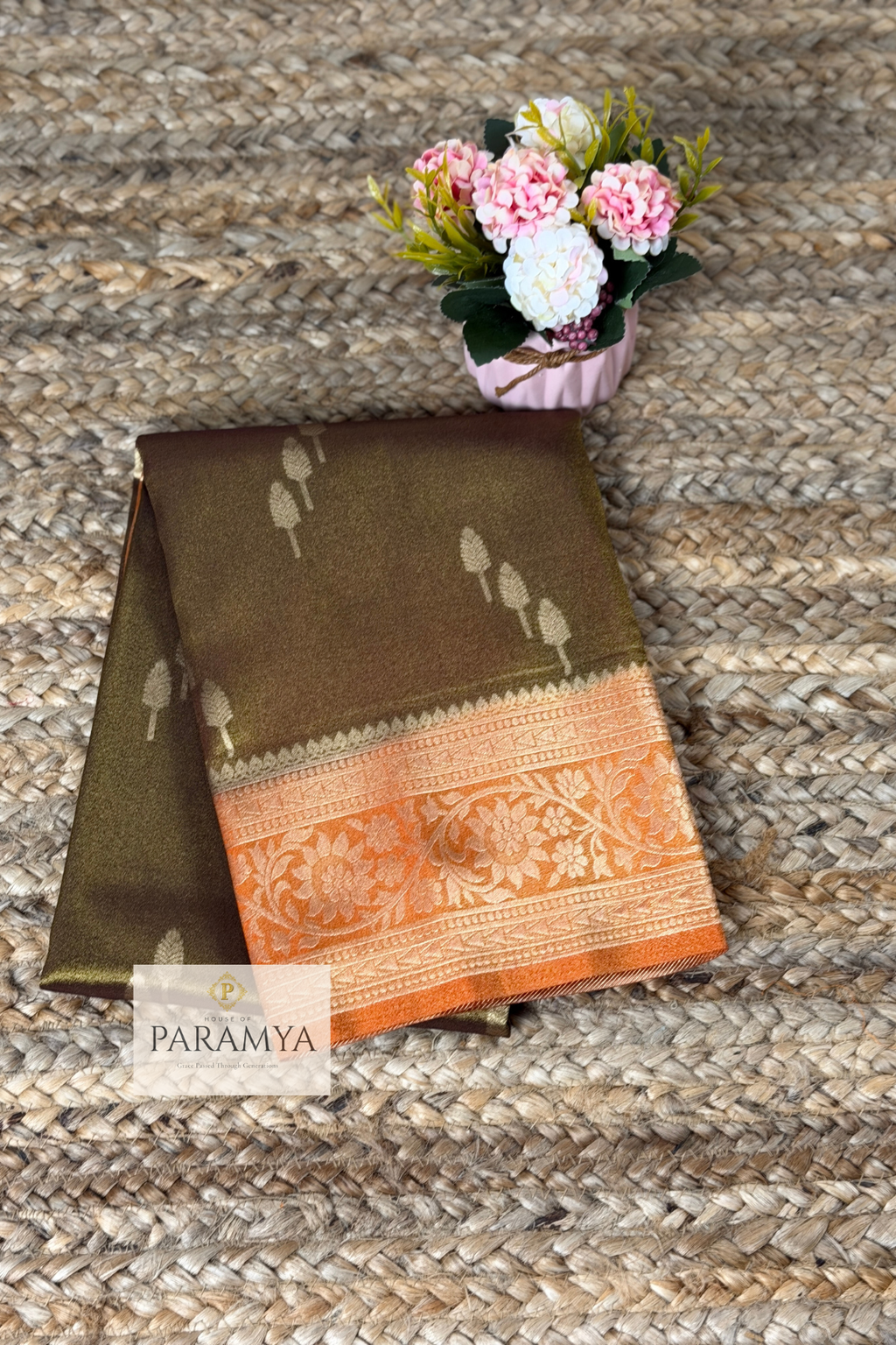 Olive Gold Tissue Silk Saree with Orange