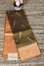 Olive Gold Tissue Silk Saree view — orange contrast pallu with gold zari detail | House of Paramya