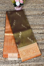 Olive Gold Tissue Silk Saree with Orange