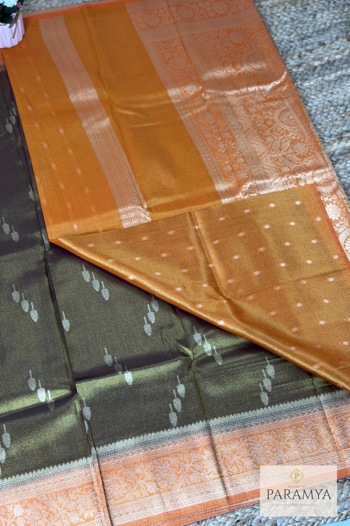 Olive Gold Tissue Silk Saree with Orange