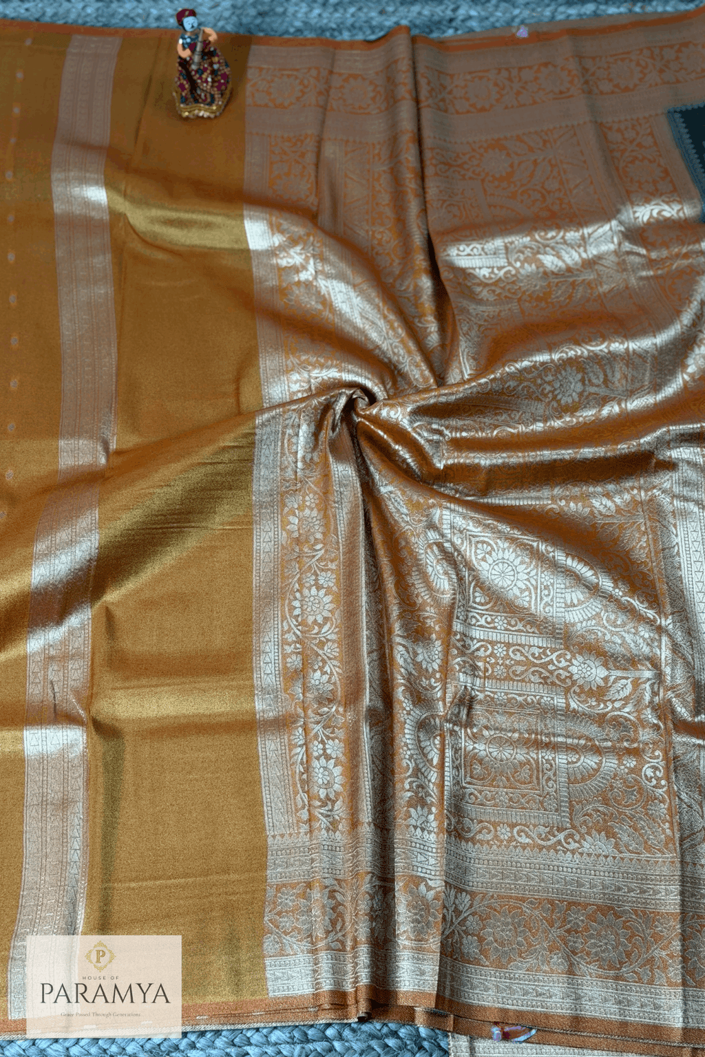 Olive Gold Tissue Silk Saree border close-up pallu— gold zari woven border detail | House of Paramya