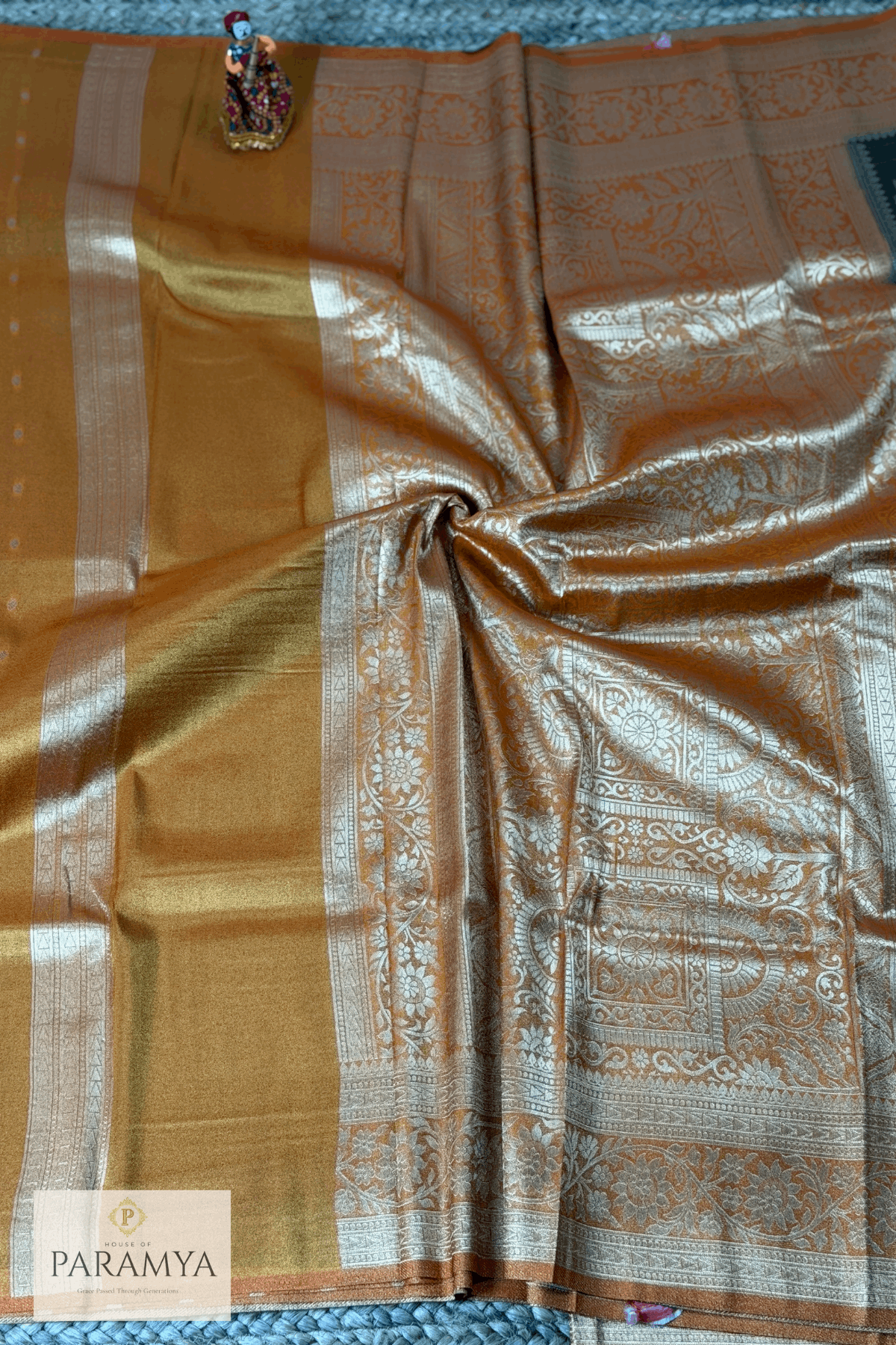 Olive Gold Tissue Silk Saree border close-up pallu— gold zari woven border detail | House of Paramya