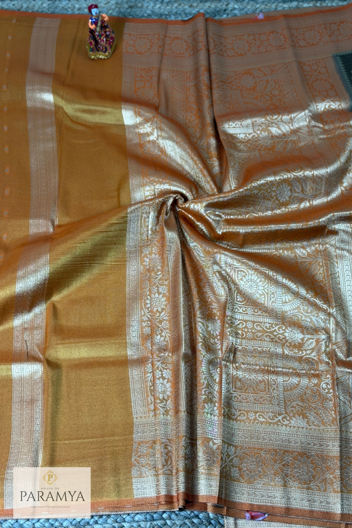 Olive Gold Tissue Silk Saree with Orange