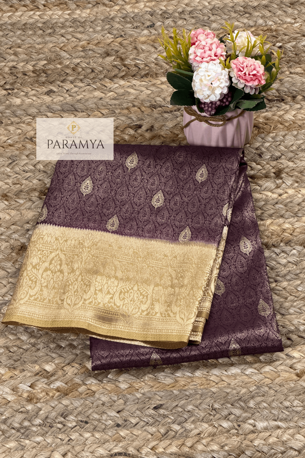 Dual-Shade Deep Wine Tissue Saree front view — leaf butta brocade with temple border | House of Paramya