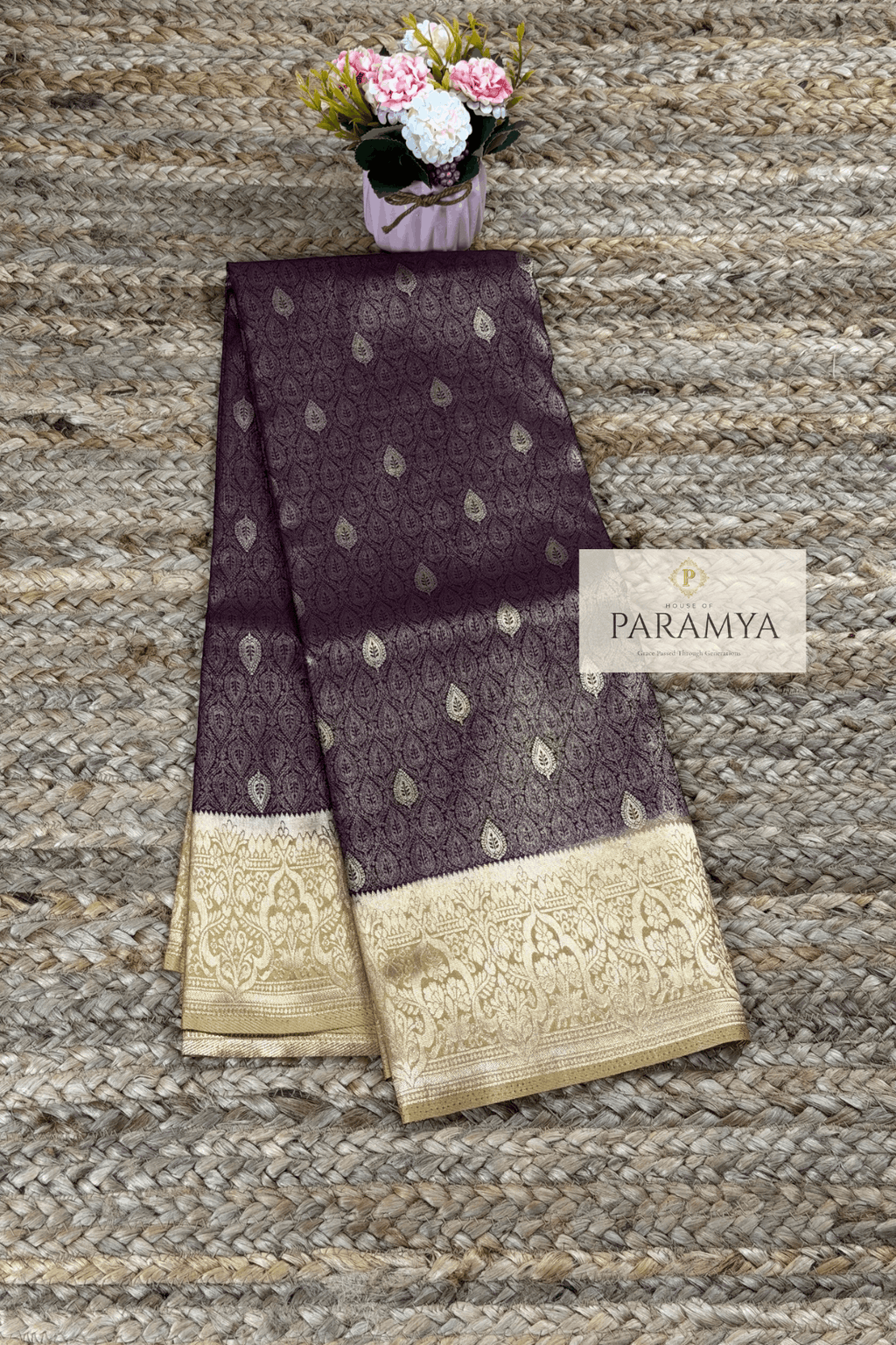 Deep Wine Tissue Saree view — temple border pallu with leaf butta brocade weave | House of Paramya