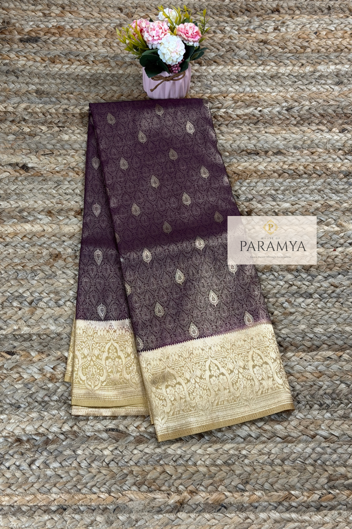 Dual-Shade Deep Wine Temple Tissue Saree with Leaf Butta Brocade Weaving